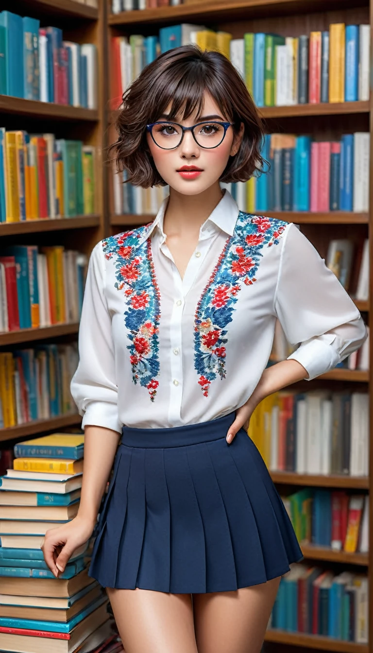 (((beautiful beautiful Isabela Merced, posing for shipmentss, looking sexy, ruffled lips, Short curly hair in different colors, extremely pretty eyes))), ((wearing floral silver necklace)), realistic shipmentsgraph, highy detailed, Foco do pointed, (Main lighting), (indoor bookstore environment), work of art, extremely pretty, Perfect beauty, (perfect shape body, Broad Hips, small waist, thick-thighs, firm abs, Body cute, knees, knees, focus on the knees, breasts small), short hair of different colors with bangs, short hair with bangs of different colors cobrindo a testa, short hair with bangs of different colors ((((short hair of different colors with bangs cobrindo a testa)))), ((30 years old)), (extremely detaild 8k wallpaper), ((face detailed)), (((wearing open white shirt, microsaia curta de tweed, knees, knees, Very Short Skirt)), (long dark eyelashes), (looking at the camera), (((neckleace))), (glamor model), (seductive facial expression) (((standing between high shelves full of books))), extremely detaild, work of art, details Intricate, highy detailed, Foco do pointed, skin detailed, realistic skin texture, texture, detailedeyes, high resolution, Cores Kodak Vision, shipments_\(ultra\), Post-processing, Maximum details, roughness, real-life, ultra realistic, shipmentsrealism, shipmentsgraphy, absurderes, RAW shipments, highest quallity, high detail RAW color shipments, professional shipments, extremely detaild UHD 8k wallpaper unit, best qualityer, high resolution, (work of art, maximum quality, high resolution:1.4), shipments, cinematic, film grain, pointed, soft natural light, magic shipmentsgraphy, super verbose, ((all-body: legs 1.7)), librarian glasses, nerd glasses, ((pleated miniskirt: miniskirt 1.6)), unbuttoned blouse with neckleace, へそ, へそ, neckleace, (Head to knee, all-body: knees 1.3)