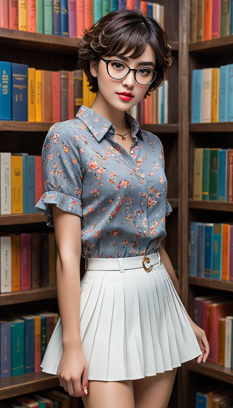(((beautiful beautiful Isabela Merced, posing for shipmentss, looking sexy, ruffled lips, Short curly hair in different colors, extremely pretty eyes))), ((wearing floral silver necklace)), realistic shipmentsgraph, highy detailed, Foco do pointed, (Main lighting), (indoor bookstore environment), work of art, extremely pretty, Perfect beauty, (perfect shape body, Broad Hips, small waist, thick-thighs, firm abs, Body cute, knees, knees, focus on the knees, breasts small), short hair of different colors with bangs, short hair with bangs of different colors cobrindo a testa, short hair with bangs of different colors ((((short hair of different colors with bangs cobrindo a testa)))), ((30 years old)), (extremely detaild 8k wallpaper), ((face detailed)), (((wearing open white shirt, microsaia curta de tweed, knees, knees, Very Short Skirt)), (long dark eyelashes), (looking at the camera), (((neckleace))), (glamor model), (seductive facial expression) (((standing between high shelves full of books))), extremely detaild, work of art, details Intricate, highy detailed, Foco do pointed, skin detailed, realistic skin texture, texture, detailedeyes, high resolution, Cores Kodak Vision, shipments_\(ultra\), Post-processing, Maximum details, roughness, real-life, ultra realistic, shipmentsrealism, shipmentsgraphy, absurderes, RAW shipments, highest quallity, high detail RAW color shipments, professional shipments, extremely detaild UHD 8k wallpaper unit, best qualityer, high resolution, (work of art, maximum quality, high resolution:1.4), shipments, cinematic, film grain, pointed, soft natural light, magic shipmentsgraphy, super verbose, ((all-body: legs 1.7)), librarian glasses, nerd glasses, ((pleated miniskirt: miniskirt 1.6)), unbuttoned blouse with neckleace, へそ, へそ, neckleace, (Head to knee, all-body: knees 1.3)