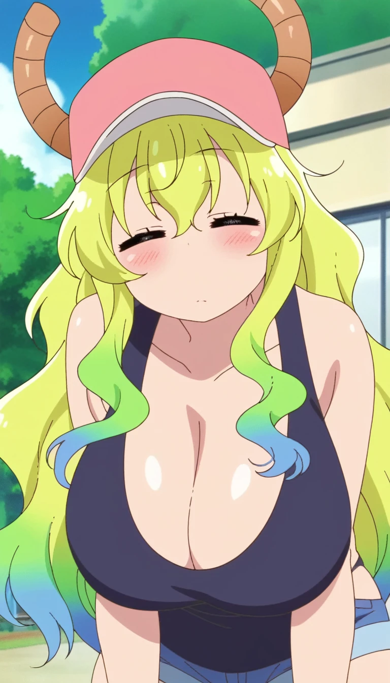 score_9, score_8_up, score_7_up, source_anime,masterpiece,best quality,highres,absurdres,official art,official style,source_anime,anime screencap,anime coloring,megami magazine,anime,animated,explicit, shiny skin,large breasts,lucoa (maidragon), multicolored hair, blonde hair, green hair, gradient hair,dragon girl, horns through headwear,baseball cap, large breasts, huge butt, cleavage, tank top, closed eyes,