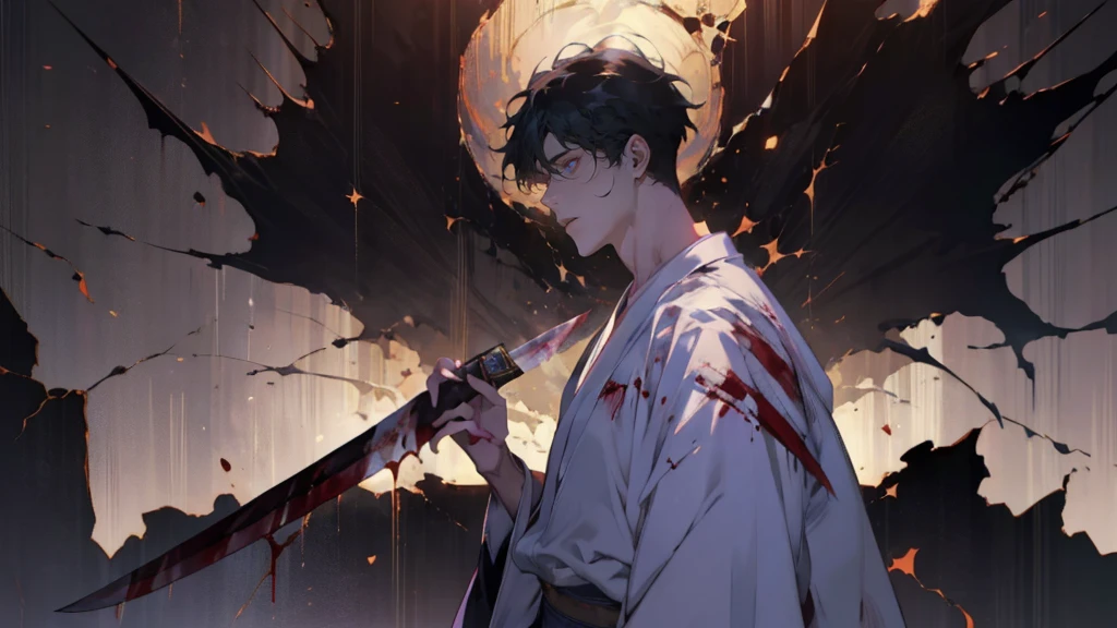 Create a close-up anime image of a yandere guy, (in profile:1.2). He has long, disheveled black hair, large, sparkling eyes filled with a crazy light, pupils slightly constricted. He is dressed in classic Japanese clothing, a white shirt that has a few bloodstains on it. He has a dangerously tantalizing figure. He holds a bloody knife in his hand, his face has a creepy and maniacal smile on it, his mouth unnaturally wide and curved. In the background is a dimly lit torture room with bloodstains and graffiti on the walls. Broken books and shards of glass lie on the floor, creating an ominous and frightening atmosphere. He should seem possessed to the viewer, his eyes should be fixed on him with an expression of dangerous devotion and possessiveness. The image should be highly detailed, a masterpiece with excellent lighting and the best quality.