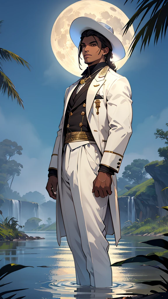 Create an image of a man standing near a river with a full moon in the background. The man has brown skin and is dressed in a white suit and a white hat. In the background, the Amazon River and some festive tents can be seen.