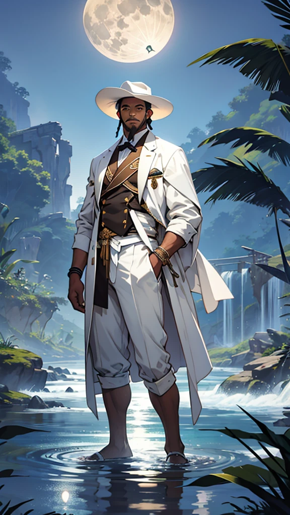 Create an image of a man standing near a river with a full moon in the background. The man has brown skin and is dressed in a white suit and a white hat. In the background, the Amazon River and some festive tents can be seen.