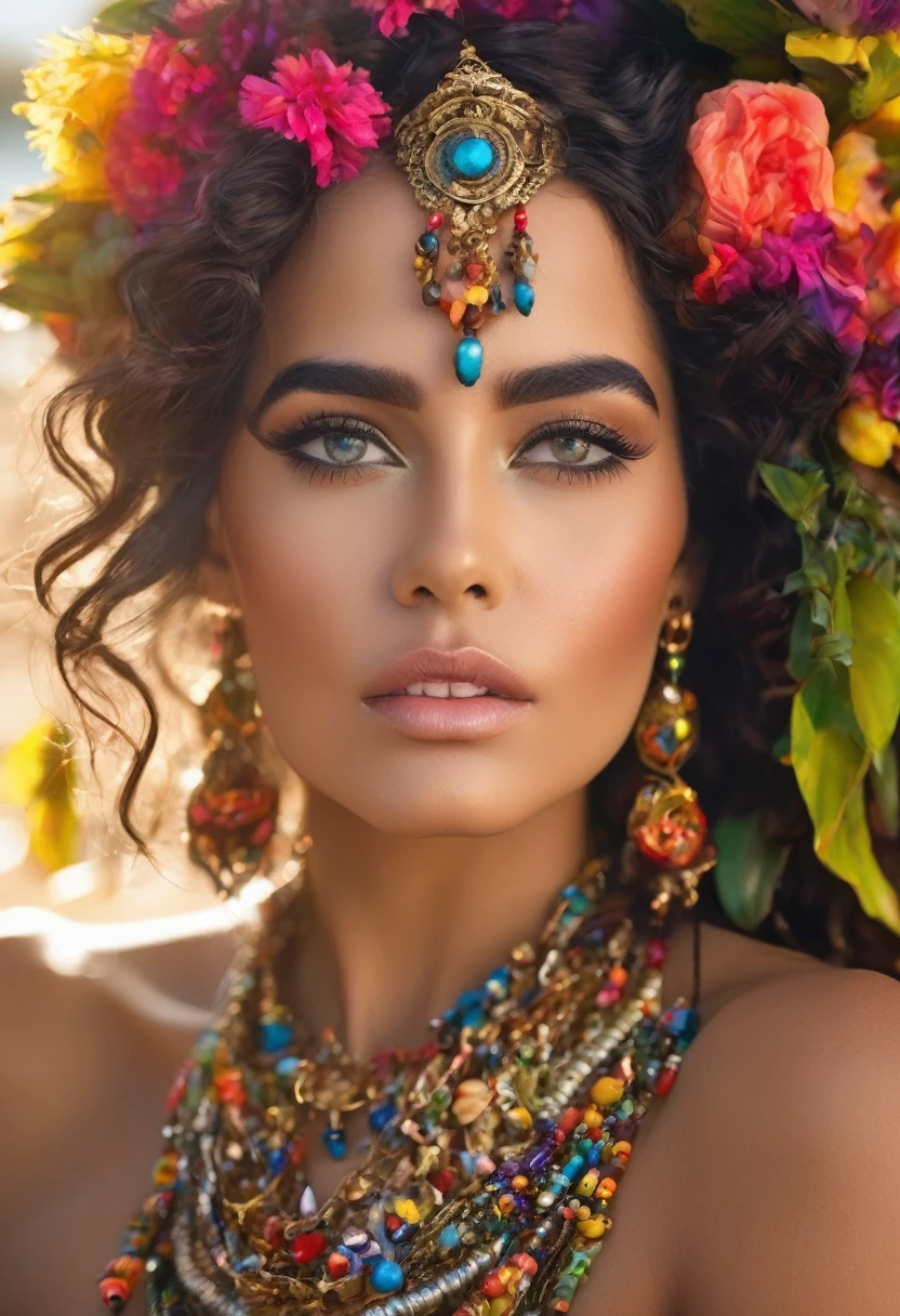 (cigana sulamita )) milhões de rosas amarelas e vermelhas , Ergue-se alto e mostra sua figura perfeita em todos os momentos cobre todo o corpo Vesti-se em uma linda saia rodada longa colorida, blusa bufante cheia de babados ((Cenário floresta )), super bonita, 8K realista , ((cabelos s)), pele-Morena-Dourada, olhos negrorpo muscular ultrarrealista, vesti-se com uma roupa de cigana mágica , com um toque mágico e místico, com cabelo estilo slime , portanto, inspirado em Izzy Medrano, 3D 18K UHD., pulseiras douradas, , brincos dourados ,16k, Elementos: Terra 8K UHD SURREAL. Beautiful stunning woman adorned in ornate, colorful jewelry and clothing that appears to be inspired by"gypsy" style. She has long, dark curly hair with flowers tucked into it. Her makeup emphasizes her eyes, and she's wearing large, dangling earrings and multiple necklaces with colorful beads and pendants. The woman's clothing includes vibrant fabrics with patterns. The overall aesthetic is very bohemian and romantic, evoking a free-spirited, nomadic culture. The lighting in the image is warm, giving it a rich, golden glow that enhances the romantic atmosphere.woman adorned in ornate, colorful jewelry and clothing that appears to be inspired by Romani or "gypsy" style. She has long, dark curly hair with flowers tucked into it. Her makeup emphasizes her eyes, and she's wearing large, dangling earrings and multiple necklaces with colorful beads and pendants. The woman's clothing includes vibrant fabrics with patterns. The overall aesthetic is very bohemian and romantic, evoking a free-spirited, cigana culture. The lighting in the image is warm, giving it a rich, golden glow that enhances the romantic atmosphere UHD 18K.