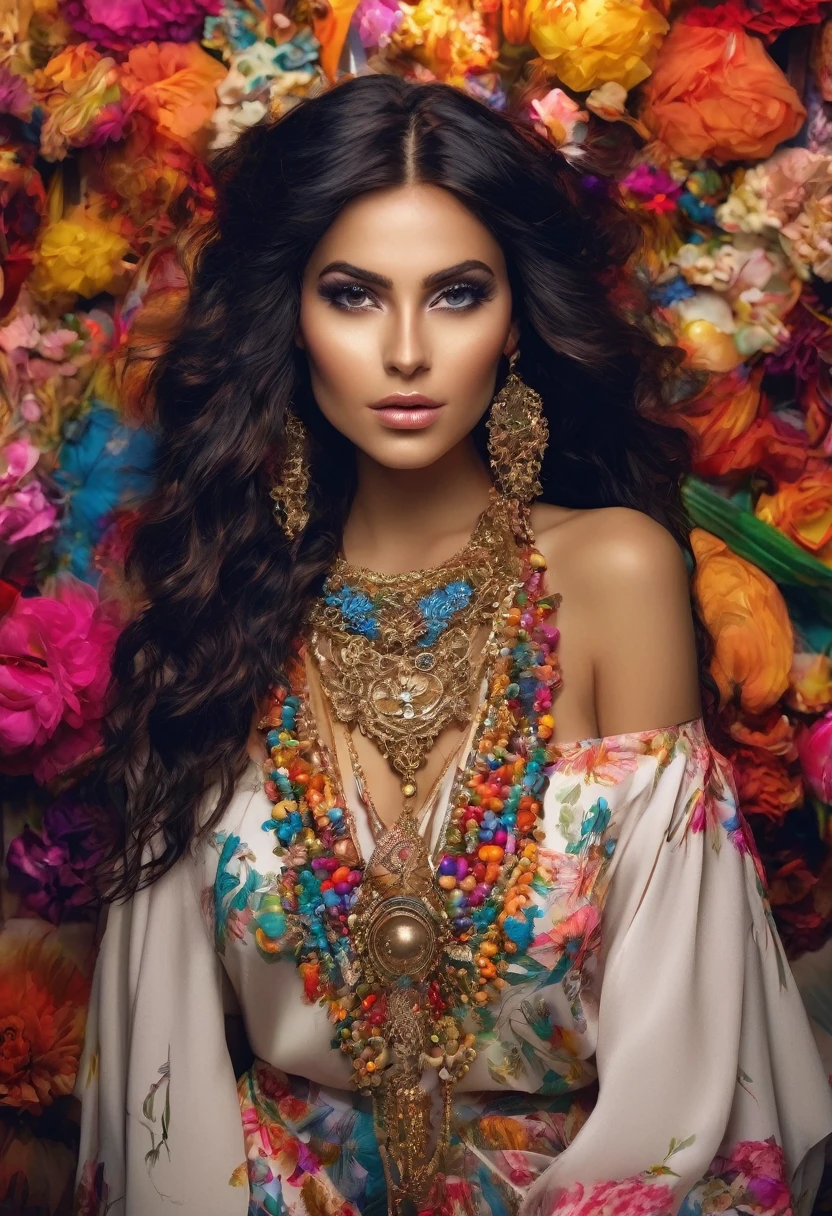 (cigana sulamita )) milhões de rosas amarelas e vermelhas , Ergue-se alto e mostra sua figura perfeita em todos os momentos cobre todo o corpo Vesti-se em uma linda saia rodada longa colorida, blusa bufante cheia de babados ((Cenário floresta )), super bonita, 8K realista , ((cabelos negros)), pele-Morena-Dourada, olhos negros, Corpo muscular ultrarrealista, vesti-se com uma roupa de cigana mágica , com um toque mágico e místico, com cabelo estilo slime , portanto, inspirado em Izzy Medrano, 3D 18K UHD., pulseiras douradas, , brincos dourados ,16k, Elementos: Terra 8K UHD SURREAL. Beautiful stunning woman adorned in ornate, colorful jewelry and clothing that appears to be inspired by"gypsy" style. She has long, dark curly hair with flowers tucked into it. Her makeup emphasizes her eyes, and she's wearing large, dangling earrings and multiple necklaces with colorful beads and pendants. The woman's clothing includes vibrant fabrics with patterns. The overall aesthetic is very bohemian and romantic, evoking a free-spirited, nomadic culture. The lighting in the image is warm, giving it a rich, golden glow that enhances the romantic atmosphere.woman adorned in ornate, colorful jewelry and clothing that appears to be inspired by Romani or "gypsy" style. She has long, dark curly hair with flowers tucked into it. Her makeup emphasizes her eyes, and she's wearing large, dangling earrings and multiple necklaces with colorful beads and pendants. The woman's clothing includes vibrant fabrics with patterns. The overall aesthetic is very bohemian and romantic, evoking a free-spirited, cigana culture. The lighting in the image is warm, giving it a rich, golden glow that enhances the romantic atmosphere UHD 18K.