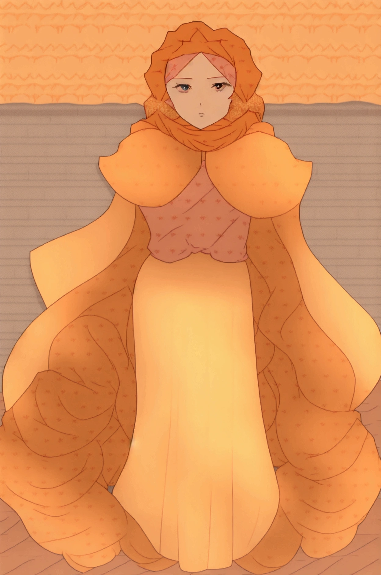 Golden orange hair, Gradient Hair, Very long hair, Swept-apart bangs, Side Lock, Curly Hair, Wavy Hair, (((((Head scarf))))), Head Bandana, Pink Apron, Flowers in hair, marigold, Orange Flower, blue eyes, Gathered skirt, Pink Dress, pink Gathered skirt, Long sleeve, Waist apron, White apron, Ribbon on waist, Blue ribbon, , Polish clothing, Slavic clothing, Hungarian clothing, anime, cute, White leggings, Black shoes,