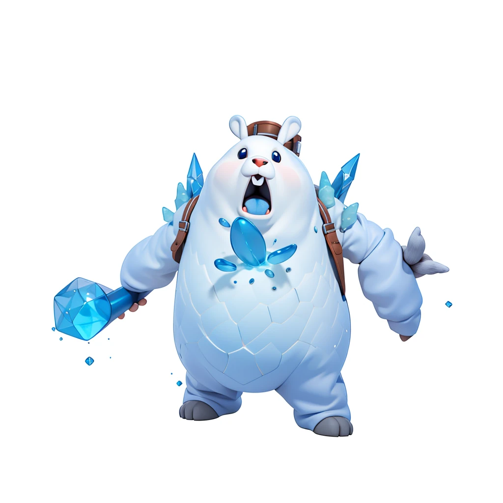 A white bear，White Teddy Bear，hairy，White hair，glacier，Ice cubes，Mace made of ice，The texture of ice，Rabbit ears，Rabbit teeth，Polar bear with rabbit characteristics，北极glacier从他身上钻出，Fierce blue eyes，Blue claws，Open your mouth，Carrying a bag，Shoulder straps，Isometric,xxxxxxxx cartoon 3d model,Low Poly,3D Art,C4D,octane
rendering, 3D Rendering, Ray traction, Clay Materials, Pixar Trends, Animated Lighting, Depth of Field, Super Detail, Pastel colors, mockup, Clean background, Delicate gloss, Soft focus, oc, Blender, intellectual property, best quality, 8k--s 250--v 5.1
