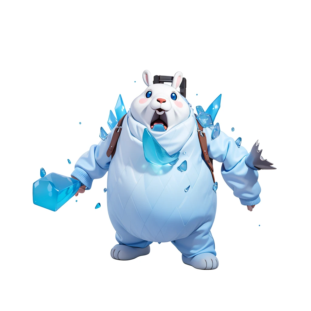 A white bear，White Teddy Bear，hairy，White hair，glacier，Ice cubes，Mace made of ice，The texture of ice，Rabbit ears，Rabbit teeth，Polar bear with rabbit characteristics，北极glacier从他身上钻出，Fierce blue eyes，Blue claws，Open your mouth，Carrying a bag，Shoulder straps，Isometric,xxxxxxxx cartoon 3d model,Low Poly,3D Art,C4D,octane
rendering, 3D Rendering, Ray traction, Clay Materials, Pixar Trends, Animated Lighting, Depth of Field, Super Detail, Pastel colors, mockup, Clean background, Delicate gloss, Soft focus, oc, Blender, intellectual property, best quality, 8k--s 250--v 5.1
