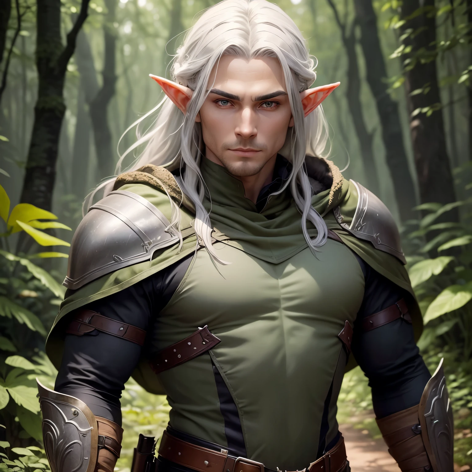 A male Elf Ranger. Born from the forest. Leather armor that blends in with the underbody and cape to become invisible. Long Light Gray Hair with Chunky Design. Super detailed eyes .His gaze would be intense and serious. highly detailed image .ssmile .ready for action at any time.background an enchanted forest.