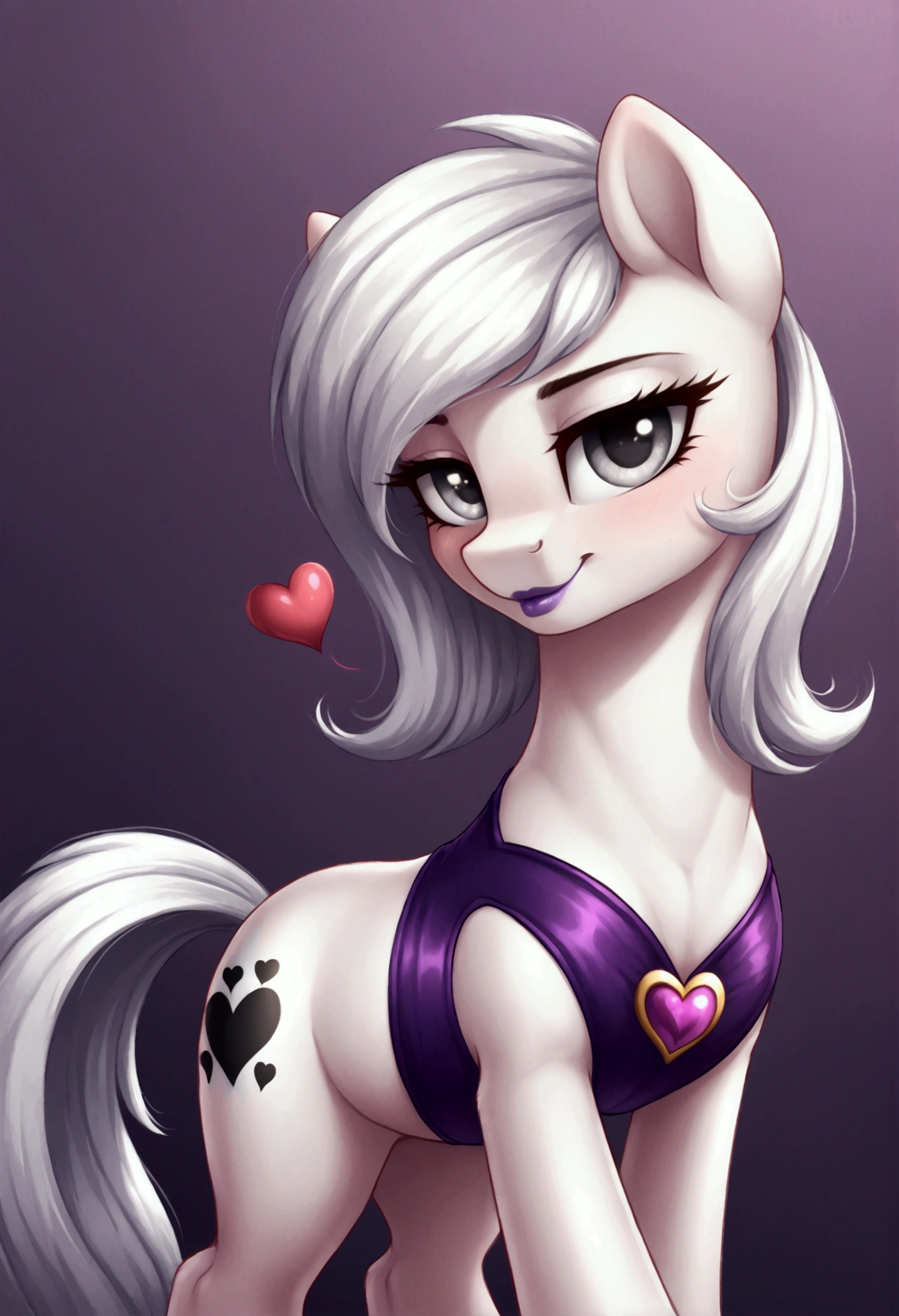 My little pony, (Pony), (black stripe on half hair), white hair, (pale white body), gray eyes, medium breasts, purple lips, perfect lines, (((erotic role play costume))), heart cutie mark