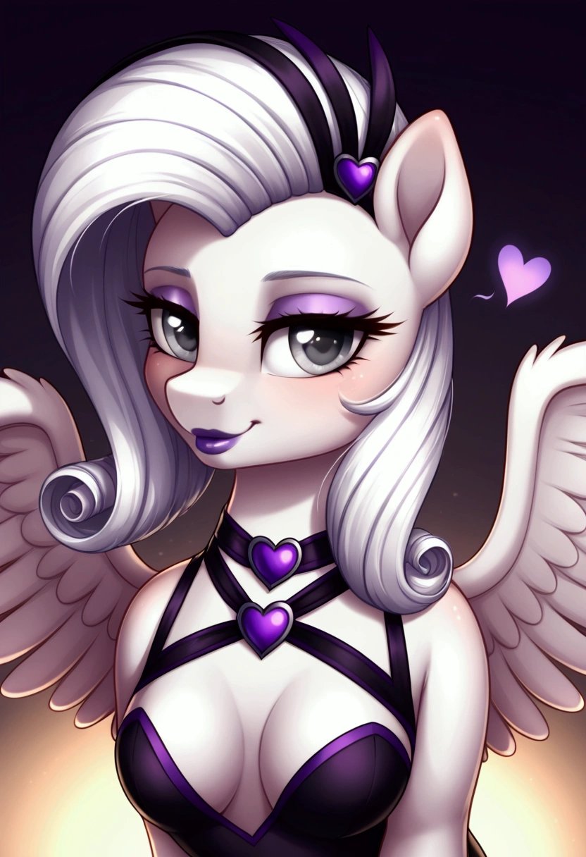 My little pony, (Pony), (black stripe on half hair), white hair, (pale white body), gray eyes, medium breasts, purple lips, perfect lines, (((erotic role play costume))), heart cutie mark