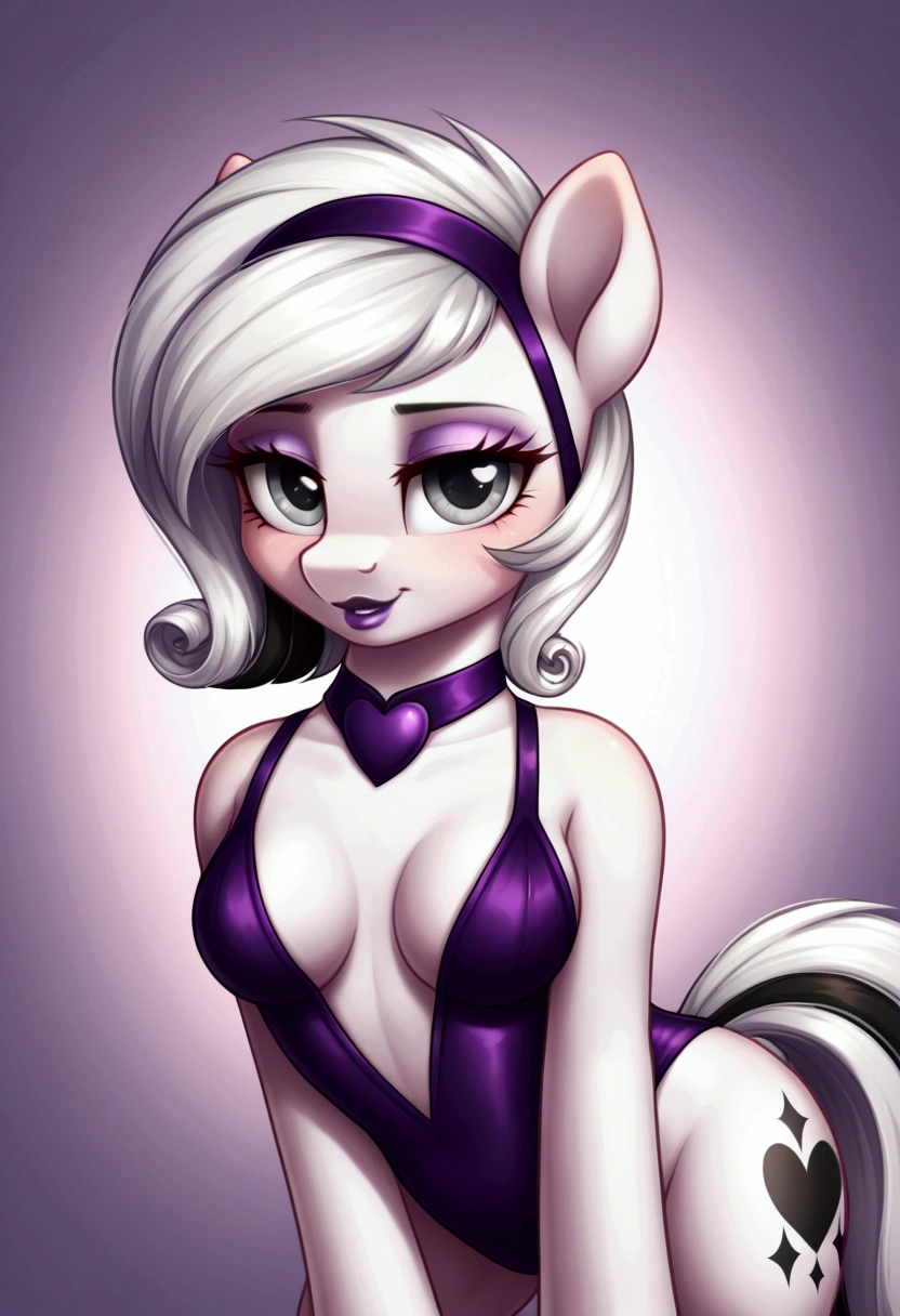 My little pony, (Pony), (black stripe on half hair), white hair, (pale white body), gray eyes, medium breasts, purple lips, perfect lines, (((erotic role play costume))), heart cutie mark