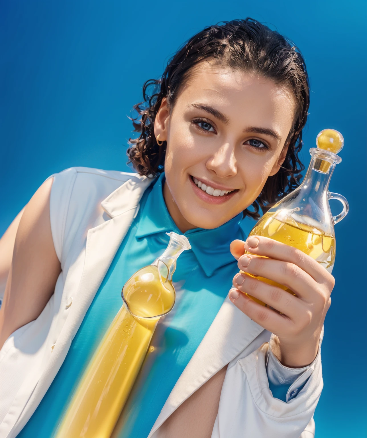 A happy young man in a white coat holding a bottle of yellow liquid. He has an apple tie, smooth 3d model, glossy plastic texture, multiple light sources, rim light, sharp post effects render, most beautiful vfx, , realistic, 4k, high resolution, rim light, smooth 3d model. , glossy texture, smooth 3d model, multiple light sources, rim light, sharp post effects render, (glossy plastic texture with multiple big light probe refractions), perfect cgi, reflective, best quality, 4k, masterpiece:1.2, ultra-detailed, realistic, vivid colors, The image of the highest quality, ensuring every detail showcased perfectly. It in 4k resolution, allowing viewers to immerse themselves in the richness of the colors and intricate details. The realistic rendering. under the spotlight, reflecting, high-resolution image, realistic rendering