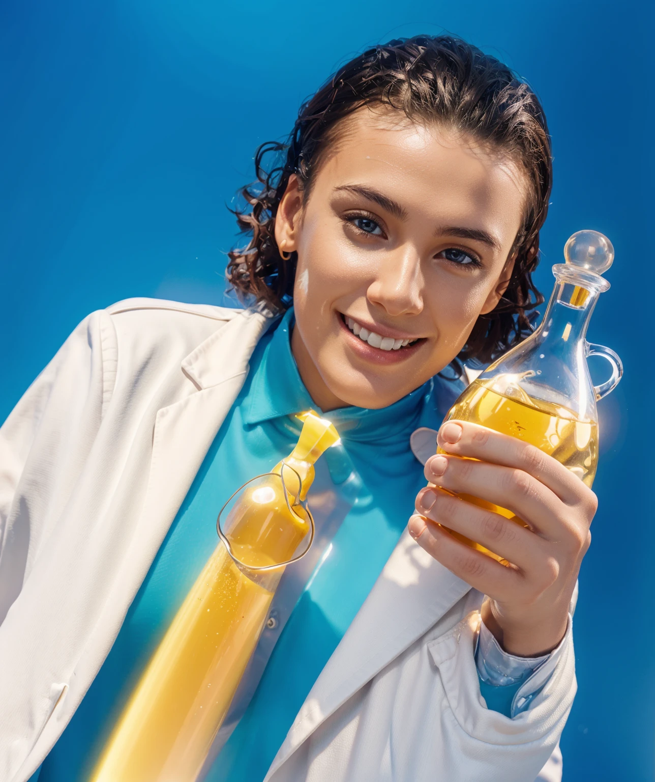 A happy young man in a white coat holding a bottle of yellow liquid. He has an apple tie, smooth 3d model, glossy plastic texture, multiple light sources, rim light, sharp post effects render, most beautiful vfx, , realistic, 4k, high resolution, rim light, smooth 3d model. ,  glossy texture, smooth 3d model, multiple light sources, rim light, sharp post effects render, (glossy plastic texture with multiple big light probe refractions), perfect cgi,   reflective, best quality, 4k, masterpiece:1.2, ultra-detailed, realistic, vivid colors, The image of the highest quality, ensuring every detail showcased perfectly. It in 4k resolution, allowing viewers to immerse themselves in the richness of the colors and intricate details. The realistic rendering. under the spotlight, reflecting, high-resolution image, realistic rendering
