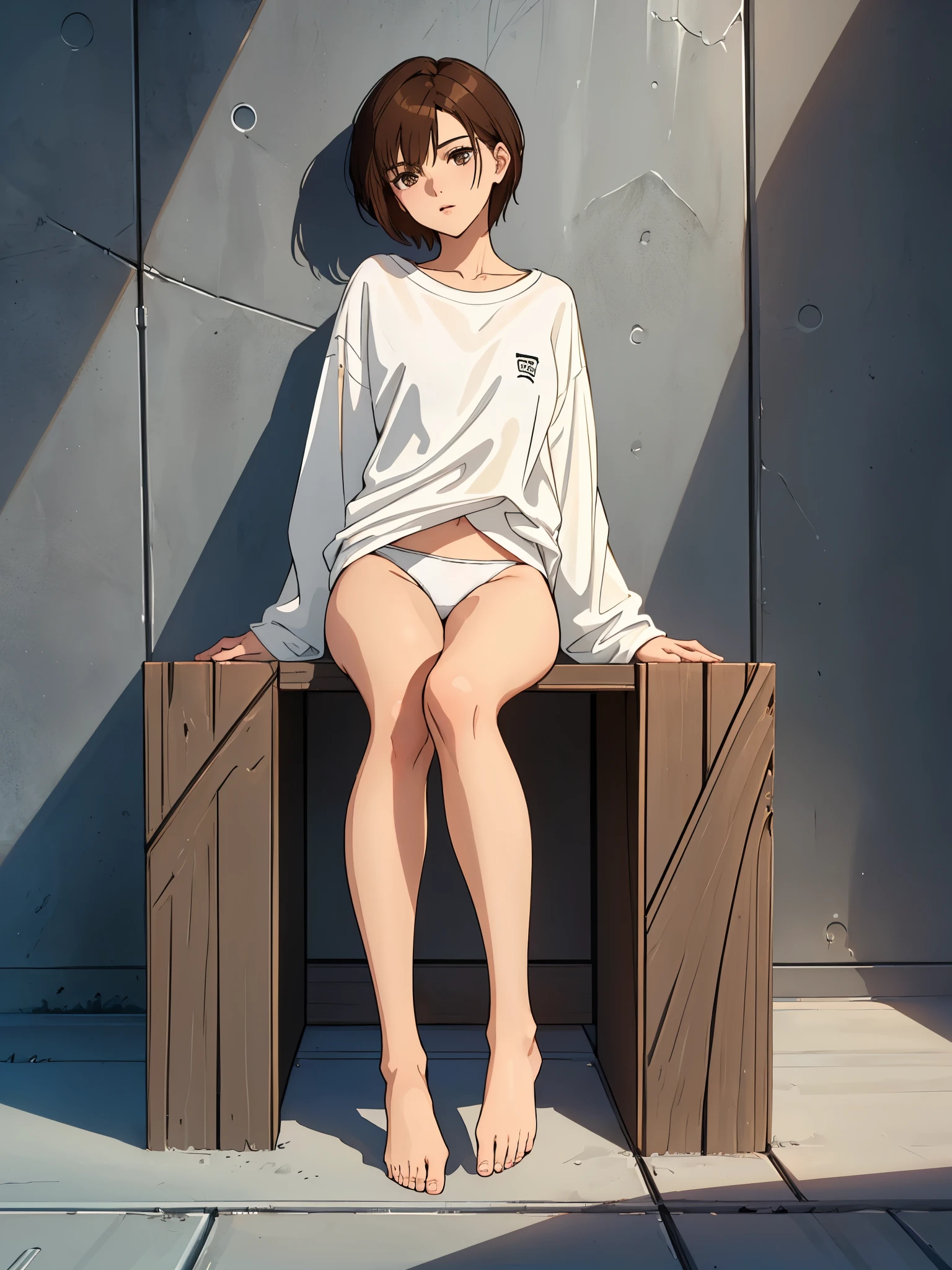 beautiful girl, slender, boyish, very short hair, brown hair, (wear a white long-sleeved T-shirt), (white bikini panties) , Perfect hands, Perfect body, Sitting with one Knee , (bare foot), ((looking away)), relaxing, ((Exquisite detail)), Very finely crafted fingers(((10 fingers))), (Full-body showcase), (Show your whole body), (No logos on background), (No logo), (taken from below),