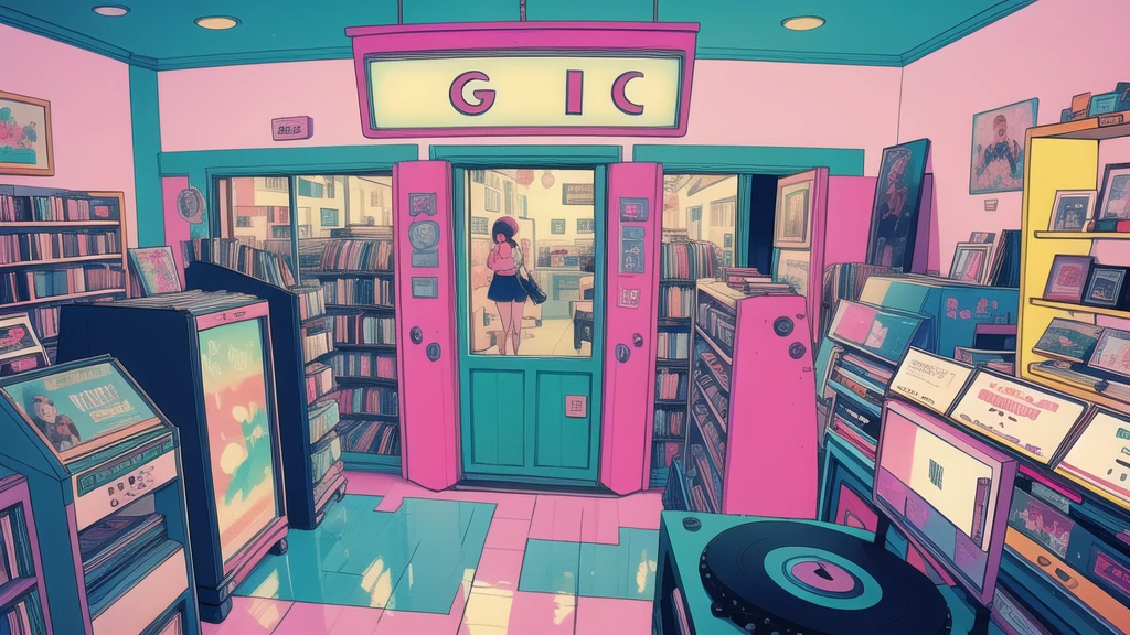 Inside a retro record store, lofi-girl,  lofi, The store name is Latin Music, Latin American cities , The pastel colors of blue and pink create a nostalgic atmosphere.. Vintage VHS-style distortion gives your scenes a lo-fi appeal. The air is filled with the rich sounds of vinyl records playing classic tunes.. Customers browse the shelves, Discover hidden musical gems, Transforming a record store into a sanctuary of musical bliss