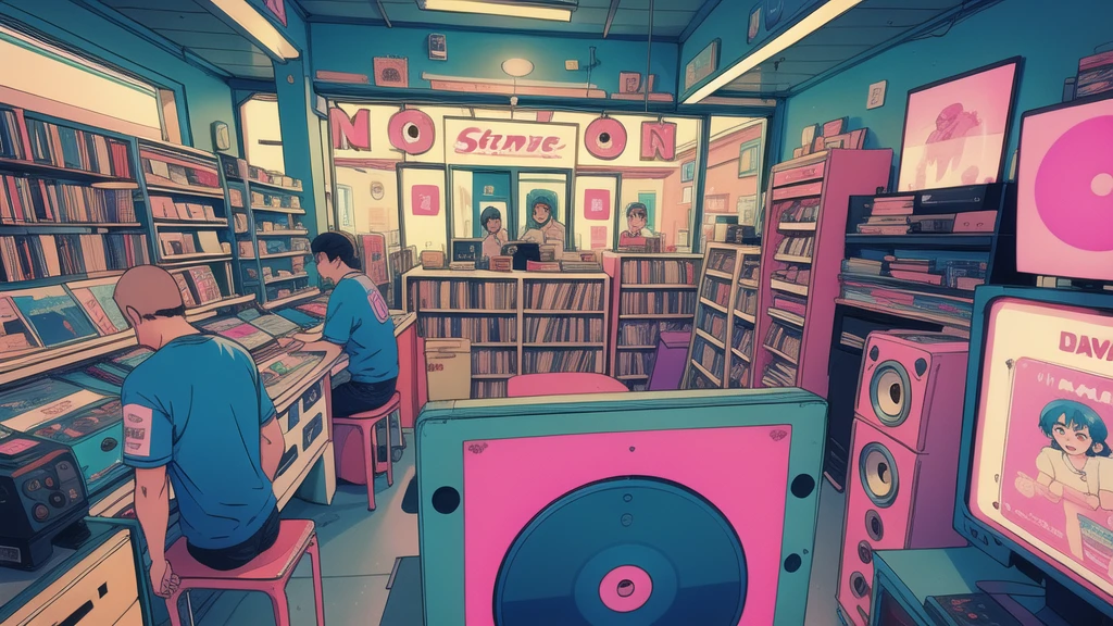 Inside a retro record store, lofi-girl,  lofi, The store name is Latin Music, Latin American cities , The pastel colors of blue and pink create a nostalgic atmosphere.. Vintage VHS-style distortion gives your scenes a lo-fi appeal. The air is filled with the rich sounds of vinyl records playing classic tunes.. Customers browse the shelves, Discover hidden musical gems, Transforming a record store into a sanctuary of musical bliss