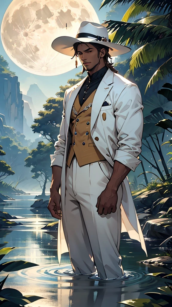 Create an image of a man standing near a river with a full moon in the background. The man has brown skin and is dressed in a white suit and a white hat. In the background, the Amazon River and some festive tents can be seen.