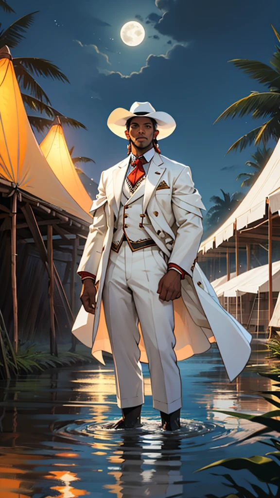 Create an image of a man standing near a river with a full moon in the background. The man has brown skin and is dressed in a white suit and a white hat. In the background, the Amazon River and some festive tents can be seen.