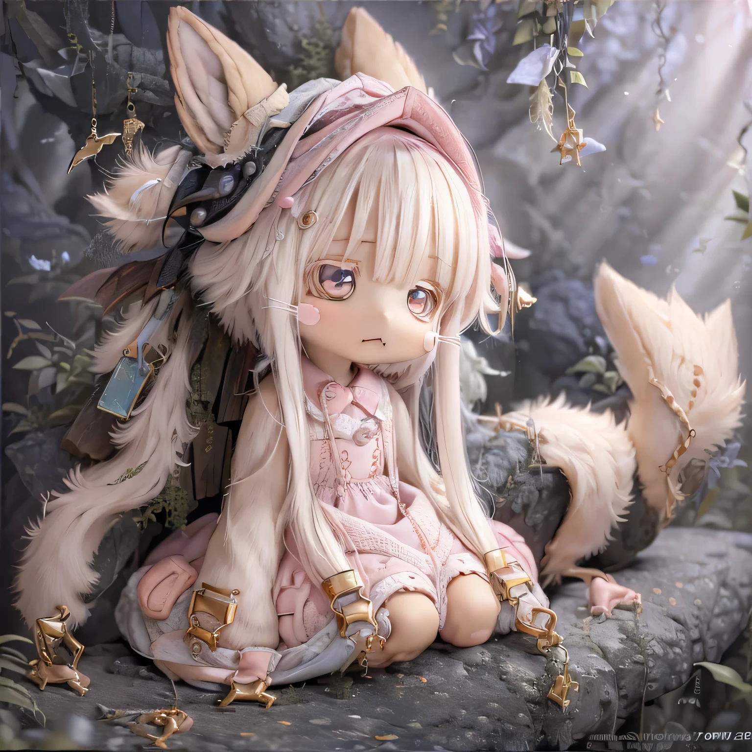 in the garden, Smiling girl, Similar to Nanachi from Made in Abyss. She is beautiful, Beautiful eyes and lips. girl (((Chibi Style,))) . Image quality is excellent, Highly detailed and realistic features. The medium of this work is、Combining illustration and photorealistic rendering.. The colors are vivid、The lighting creates a warm and bright atmosphere。 whole body(((((Cute pink dress)))))Contrasting
