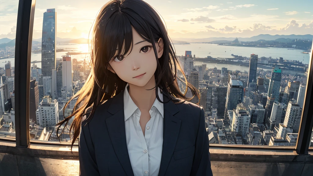 Shiraishi Mei, Looks just like Mei Shiraishi,Oceanの方を向いている後ろ姿、Woman looking up at the sky ,Long Hair, Dark brown hair, Suit jacket、Blouse Photos, Realistic, Highest quality, Detailed face, The background is the cityscape of Japan、Strong sunlight, Ocean, Embankment, Detailed Background, Diffused sunlight, Written boundary depth, Bokeh (Highest quality: 1.2), (masterpiece: 1.2), Watch Viewer, one piece, White Theme, ,vision、(((Panorama:1.2)))