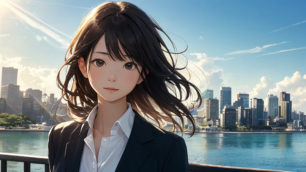 Shiraishi Mei, Looks just like Mei Shiraishi,Oceanの方を向いている後ろ姿、Woman looking up at the sky ,Long Hair,  Dark brown hair, Suit jacket、Blouse Photos, Realistic, Highest quality, Detailed face, The background is the cityscape of Japan、Strong sunlight, Ocean, Embankment, Detailed Background, Diffused sunlight, Written boundary depth, Bokeh (Highest quality: 1.2), (masterpiece: 1.2), Watch Viewer, one piece, White Theme, ,vision、(((Panorama:1.2)))