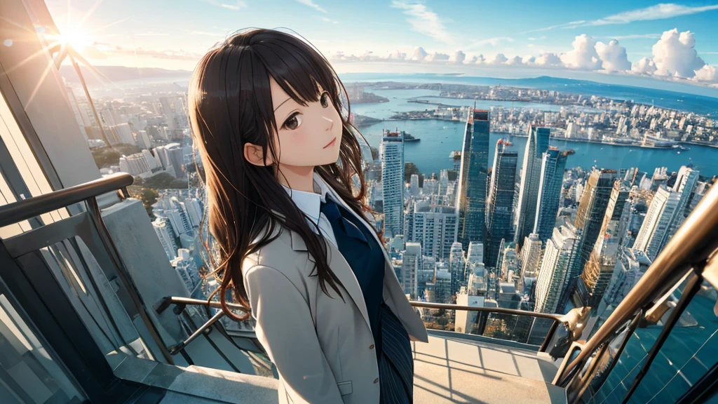 Shiraishi Mei, Looks just like Mei Shiraishi,Oceanの方を向いている後ろ姿、Woman looking up at the sky ,Long Hair,  Dark brown hair, Suit jacket、Blouse Photos, Realistic, Highest quality, Detailed face, The background is the cityscape of Japan、Strong sunlight, Ocean, Embankment, Detailed Background, Diffused sunlight, Written boundary depth, Bokeh (Highest quality: 1.2), (masterpiece: 1.2), Watch Viewer, one piece, White Theme, ,vision、(((Panorama:1.2)))