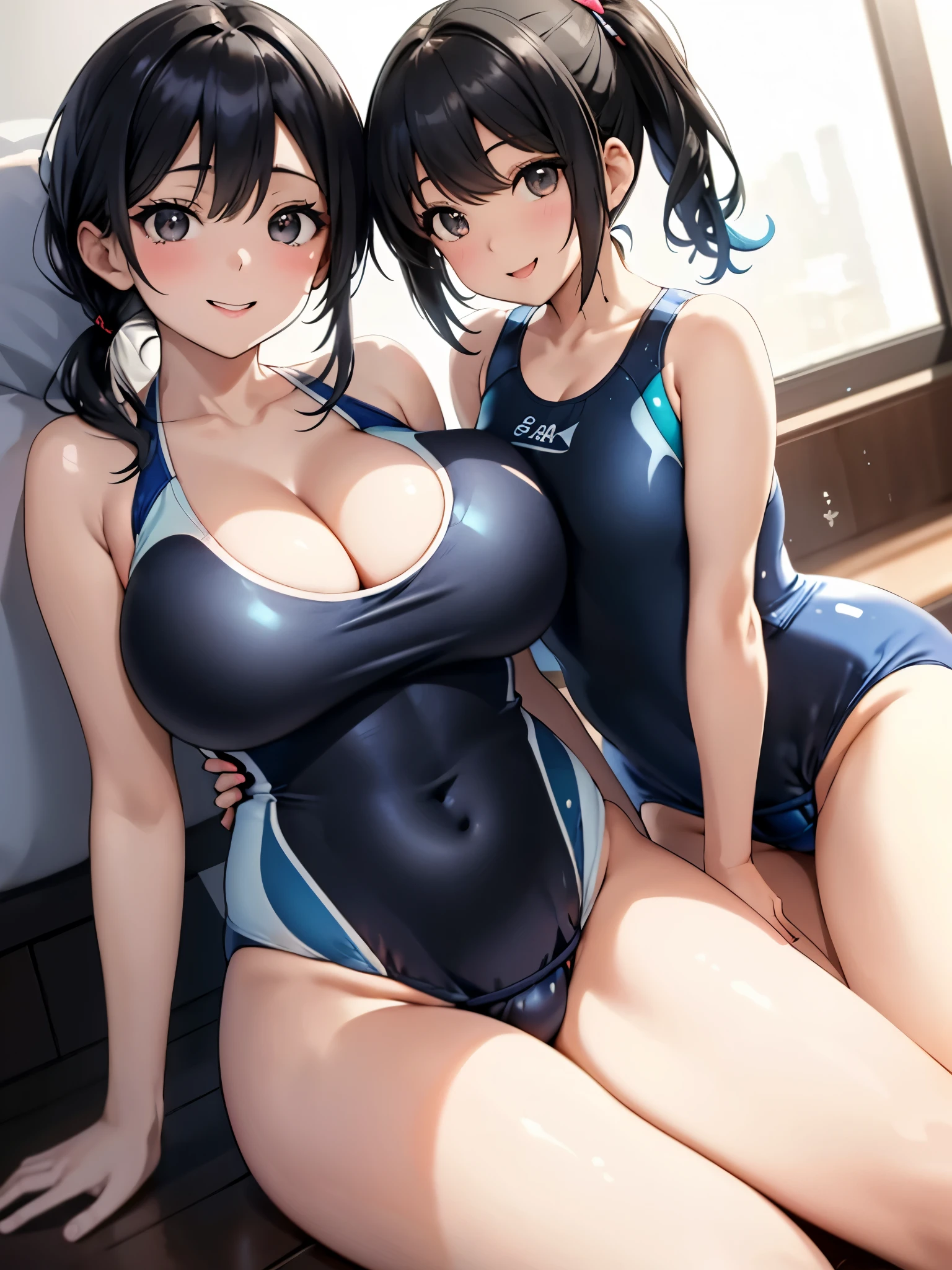 (Smiling Beam:1.5), ((Mother showing cleavage:1.5)), ((blue competitive swimsuit:2.0)),Female 2,Mother and daughter,Highest quality, 4K, masterpiece, Very detailedな, Studio Lighting, Hilarious, Vivid expression, ((競泳水着をきたMother and daughterが並んでいる:1.5)),(Full body image:1.5),Huge breasts,((Huge breastsを持つ30歳のBlack Hairの女:1.5)),((競泳水着をきた10歳のBlack Hairの幼女:1.5)),super high quality, Very detailed,Perfect photo,3d,8k,High resolution,Enchanting anime girl, Medium Hair:1.3,Black Hair,(black eye:1.5),Sporty hairstyles,Smooth anime CG art, 