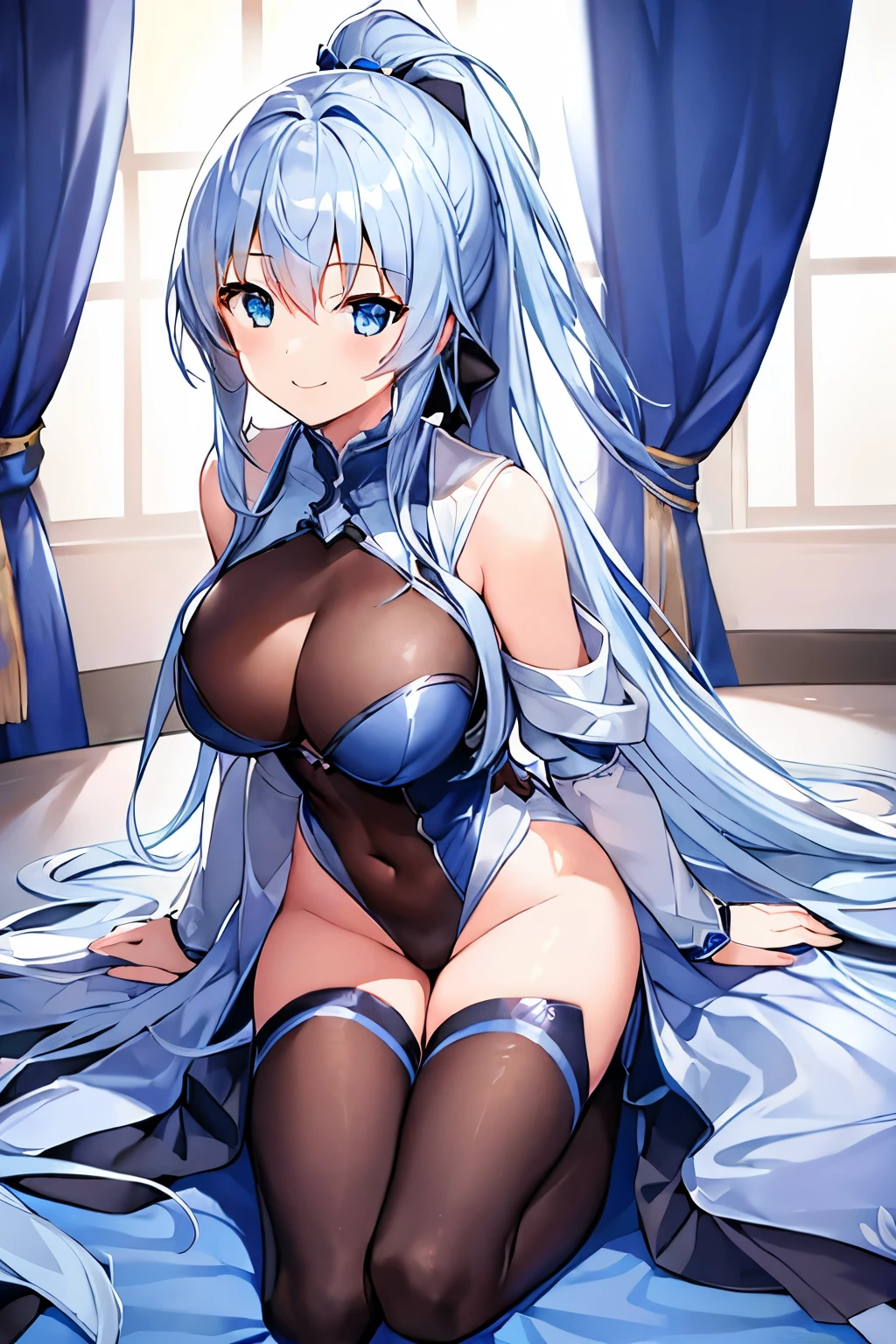 1 girl、silver ponytail、knight、Less Armor、Lots of cloth、Blue decoration、leotard、Expose、Bigger breasts、smile、