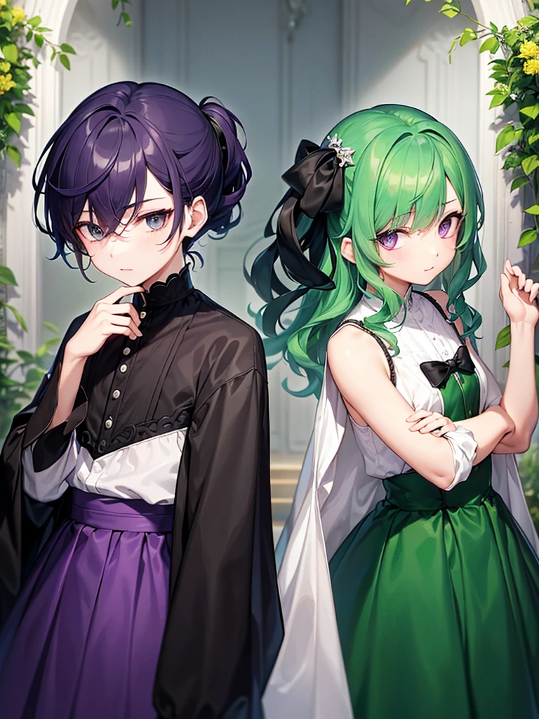 There are two elegant boys, the first boy has green hair and black and dark green clothes. The second boy has purple hair with white clothes..