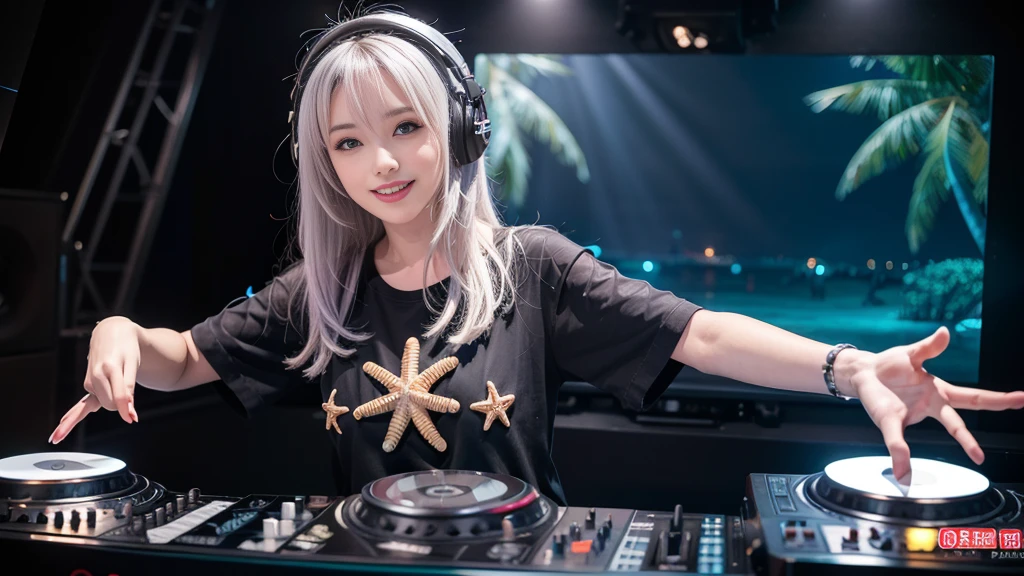 (ultra - detailed, 16K resolution, Cinema lenses, rendering by octane), (high resolution:1.18), intricate detail, (masterpiece:1.1), (highest quality:1.1), (1girl, portrait, white hair, blue eyes, short hair, detailed eyes),Wearing silver DJ headphones, sequined T-shirt, (in the beach:1.5), (Iconic hip-hop pop costumes:1.3), Smile while DJing on stage, DJ studio next to the beach, ((A stylish DJ stage on a hill overlooking the beach)), full body shot, Photorealistic photography by Sunshine, (cute round face:1.3), perfect fingers, five fingers, beautiful hands, perfect hands. master peace, cute smile, Fixhand.