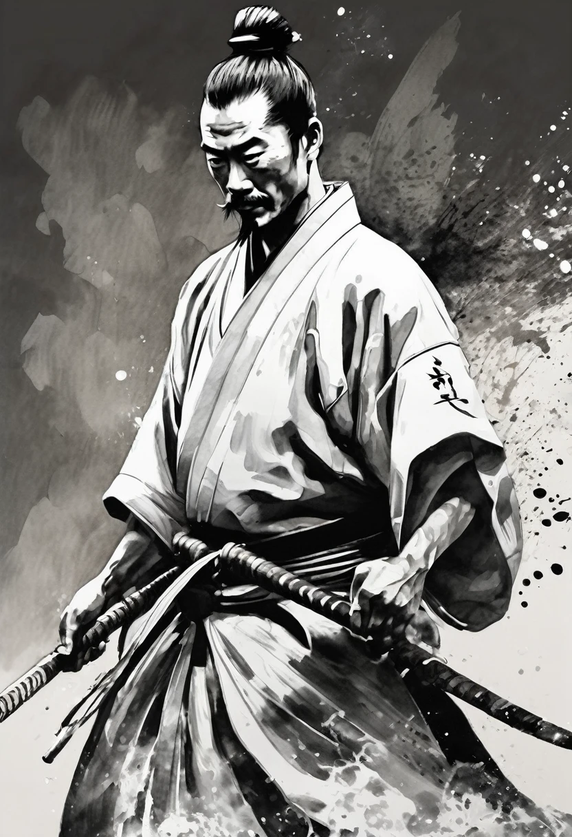 Black and white painting,Ink Painting,splash,Topknot,warrior（Ronin Style）,40-year-old male,kimono,Composition from the front,Uplifting,shortage々Beautifully flowing brush strokes,Contours are not shown、Draw with shades of ink,Accurate hand drawing