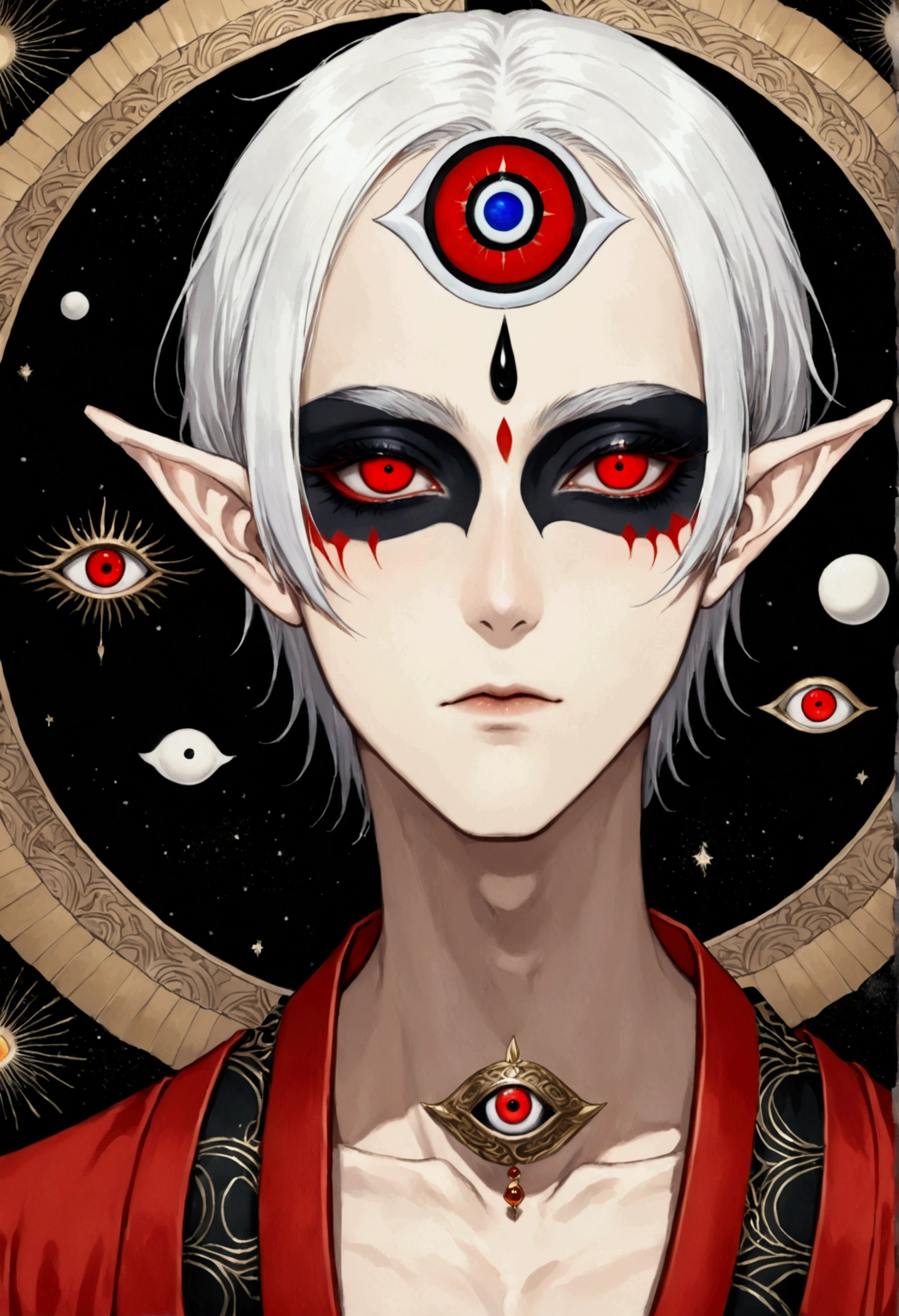 Japanese Anime，Gothic Art，(((1 Boy，独奏，third eye on the forehead，Dark eyeshadow.Middle-parted white hair-super short hair，Elf ears))),(((Gorgeous Japanese red kimono：1.6，Eye Diagram，Dark Pattern))).(((Thin waist，Greenbelt：1.37)))