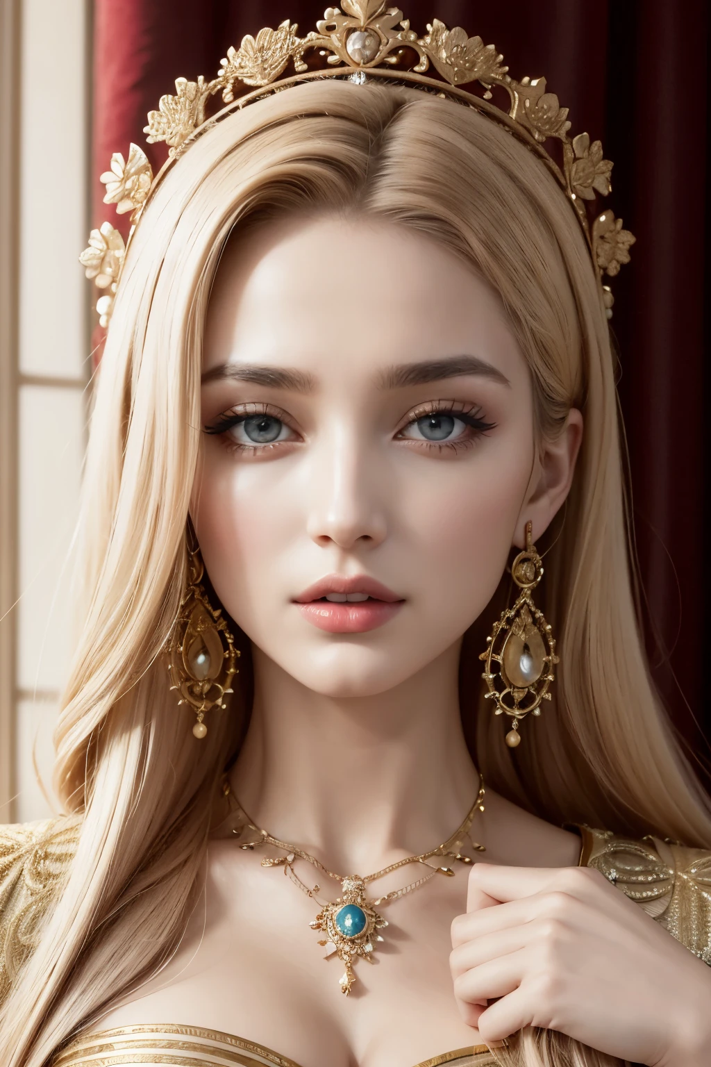 absurdrez, ultra detali, high qualiy, work of art, face detailed, gorgeous eyes(detailedeyes), greek mithology, goddess, hera , the queen of the gods, striking and captivating, features are classically beautiful, with high cheekbones, a face of perfect proportions, eyes portrayed as large and captivating, keep an intense gaze, golden hair , Gole hair is lush and flowing, cascading down the coast in waves,wearing elegant robes adorned with intricate patterns ,Your beauty is not only superficial, but embodies the essence of power, autoridade, and royalty.