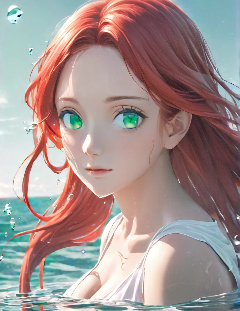 Anime style female character in water, (long red hair:1.2), (Kind expression:1.1), jade green colored eyes, white top, big breast ,(rippling effect of water around the body:1.3), sunlight reflecting on the water, Clear sky, subtle splashes of water, high-resolution digital art, soft color palette, atmosfera tranquila, (serene ocean background:1.1), Realistic water texture