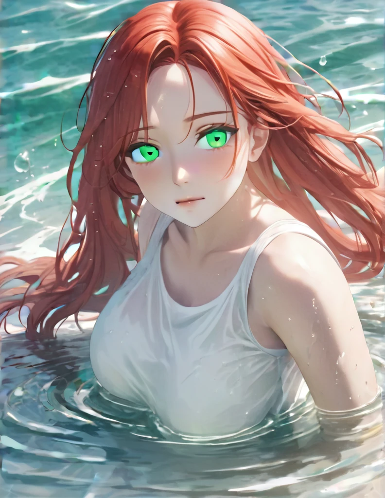 Anime style female character in water, (long  red hair:1.2), (Kind expression:1.1), jade green colored eyes, white top, big breast ,(rippling effect of water around the body:1.3), sunlight reflecting on the water, Clear sky, subtle splashes of water, high-resolution digital art, soft color palette, atmosfera tranquila, (serene ocean background:1.1), Realistic water texture
