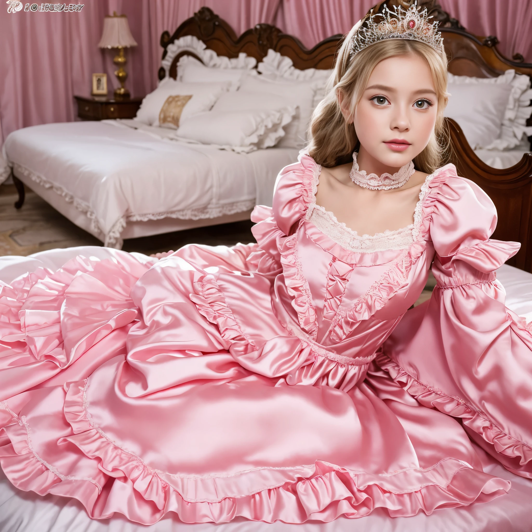 ,highest quality, masterpiece, highest resolution, artwork, super それにget used to it, many get used to it, get used to it, それにget used to it, 3K realistic photos,,(( girl)),Super detailed baby face,Srincess,Full length ball gown dress with hoop skirt,ruffle yoke collar,puff sleeves,long sleeve,((Lolita style hot pink detailed princess satin dress、Comes with lots of frills and ribbons。)),colorful rococo fashion,shiny satin dress,Soft and smooth fabric,luxury,long blonde hair,blue eyes,white skin european,pajamas,((inside the palace)),,,(( When I was 10 years old)),Sby face,Full length ball gown dresop skirt,long skirt,ruffle yoke collar,puff sleeves,腰まで伸びるlong blonde hair,blue eyes,white skin european,pajamas,((inside the palace bedroom)),ピンクのシルクサテンのluxuryなcanopy bedの上,canopy bed,Luxurious curtains on both sides of the bed,many frilly pillows on the bed,super detailed background,Detailed bed,romantic atmosphere,little princess is lying on the bed,hug a pink pillow,((((Both legs are hidden in the dress)))),the dress is spread out on the bed,soft pink silk satin comforter,soft silk satin ruffled pillow,Beautiful girl illustration,detailed beautiful face detailed hair,detailed human eye ,detailed mouth, arm details,fine hands,Detailed pillow,