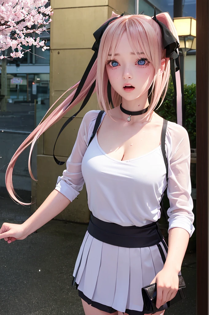 One girl,masterpiece,Highest quality,Blonde,stockings,Checked skirt),Short skirt JK,,Are standing,In total length,Medium chest,Very detailed,[[Realistic]],Beautiful and attractive anime teen,Enchanting anime girl,Swinging skirt,blue eyes, hair ornaments, Hair Ribbon,Show your forehead、Twin tails、Random color school girl uniform、Lace choker, short hair,,No bra,,Very detailed肌, Realistic texture、Very detailed顔, (Beautiful Fine Eyes, ,The girl has a toned figure., Intricate details,Closely、Embarrassed expression、blush、Shining Sweat、Perfect Skin,Sweat is noticeable in the cleavage、Sweating on thighs is noticeable、 Fair skin,Tight waist, Sweating profusely、Sweaty hair、Sweaty clothes、Sweaty、Visible sweat、Sweat-soaked hair、Athlete System、Cherry blossoms fluttering down、Silver Hair、Night cityscape。Reflection of light、moonlight