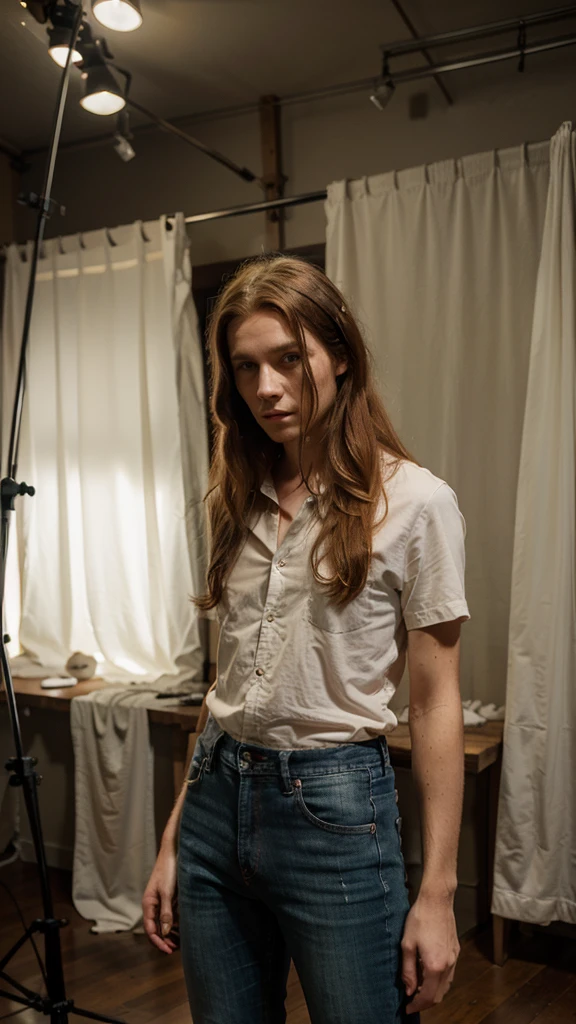 stylist man, red medium length hair, wearing shirt and jeans, posing in the photo studio, green eyes