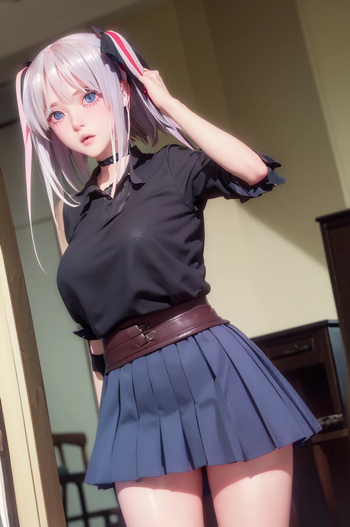 One girl,masterpiece,Highest quality,Blonde,stockings,Checked skirt),Short skirt JK,,Are standing,In total length,Medium chest,Very detailed,[[Realistic]],Beautiful and attractive anime teen,Enchanting anime girl,Swinging skirt,blue eyes, hair ornaments, Hair Ribbon,Show your forehead、Twin tails、Random color school girl uniform、Lace choker, short hair,,No bra,,Very detailed肌, Realistic texture、Very detailed顔, (Beautiful Fine Eyes, ,The girl has a toned figure., Intricate details,Closely、Embarrassed expression、blush、Shining Sweat、Perfect Skin,Sweat is noticeable in the cleavage、Sweating on thighs is noticeable、 Fair skin,Tight waist, Sweating profusely、Sweaty hair、Sweaty clothes、Sweaty、Visible sweat、Sweat-soaked hair、Athlete System、Cherry blossoms fluttering down、Silver Hair、Night cityscape。Reflection of light、moonlight
