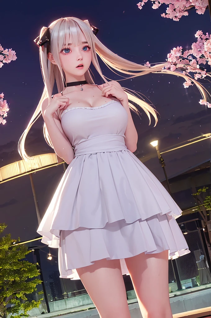 One girl,masterpiece,Highest quality,Blonde,stockings,Checked skirt),Short skirt JK,,Are standing,In total length,Medium chest,Very detailed,[[Realistic]],Beautiful and attractive anime teen,Enchanting anime girl,Swinging skirt,blue eyes, hair ornaments, Hair Ribbon,Show your forehead、Twin tails、Random color school girl uniform、Lace choker, short hair,,No bra,,Very detailed肌, Realistic texture、Very detailed顔, (Beautiful Fine Eyes, ,The girl has a toned figure., Intricate details,Closely、Embarrassed expression、blush、Shining Sweat、Perfect Skin,Sweat is noticeable in the cleavage、Sweating on thighs is noticeable、 Fair skin,Tight waist, Sweating profusely、Sweaty hair、Sweaty clothes、Sweaty、Visible sweat、Sweat-soaked hair、Athlete System、Cherry blossoms fluttering down、Silver Hair、Night cityscape。Reflection of light、moonlight