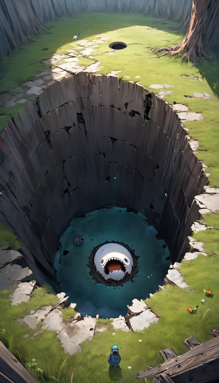 view from above, huge vertical hole that suddenly appears in the middle of empty grassland, the abyss, at the bottom of the pit, there is a monster with its mouth wide open, waiting for prey, mysterious bird flying, rusty and broken robots scattered here and there, the birth of death, the death of birth, cute dark horror fantasy