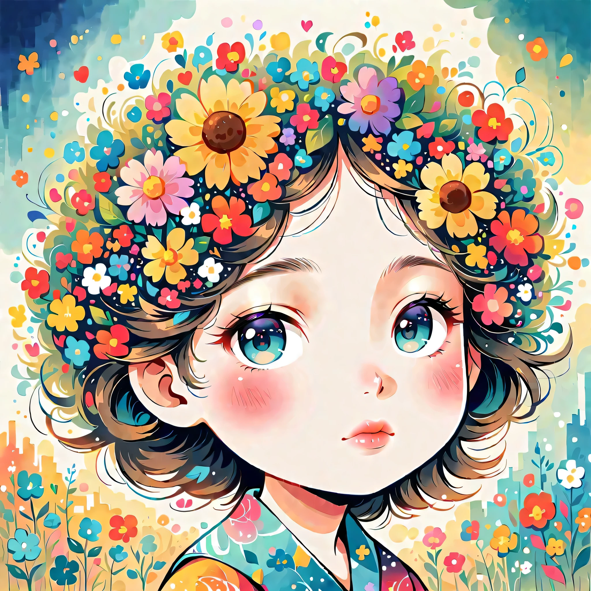 Yomu style, The most beautiful girl of all time，chibi, Lips in Love, colorful flowers, Simple Line Initialism，Abstract art，Urban Background
