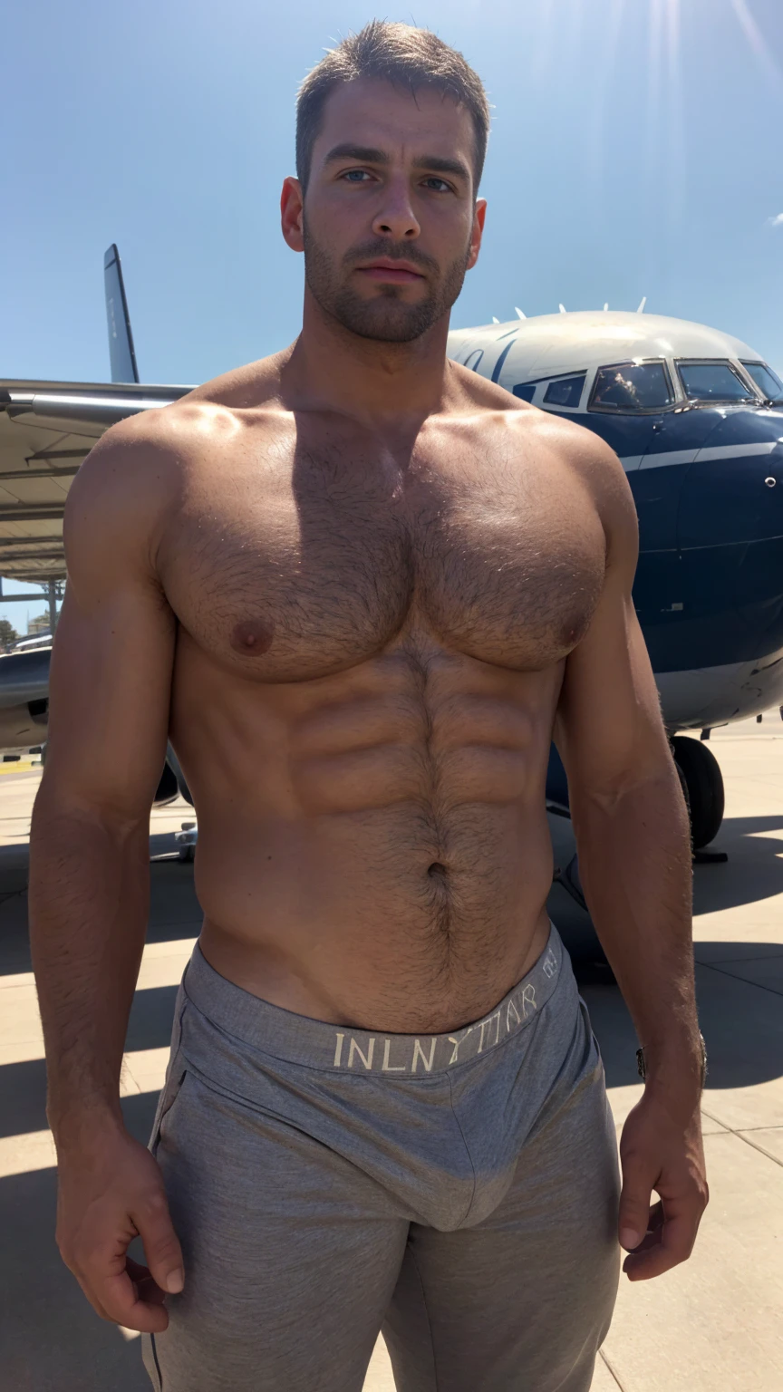 Aircraft captain! The captain's uniform! Movie poster! captain's uniform! captain's uniform! Background Airplane Airport ! Skinny and tall!(Chest hair:1.5) ! High detail 8K)! ((Realistically)), ! 186 cm! 70 kilograms! Popular clips! ( High-detail 8k ((realistically)), big hairy ! Dark skin, best quality, bright lighting, focus, theater! 35 years old, hairy breasts, Reddit, photo realism, gray hainely sculpted eyes! gray hair! gray hair!!(Chest hair:1.5) outdoor!! Blue sky!,more detail , less detail