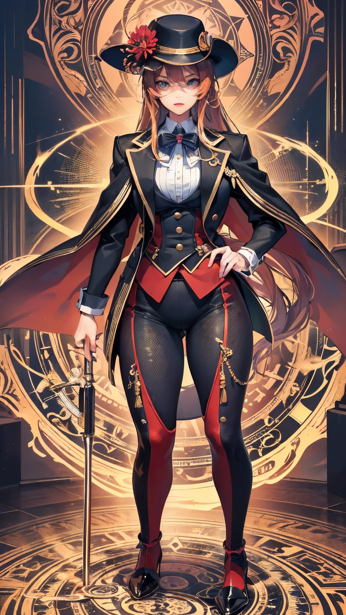 ((Highest quality)),(Ultra-high resolution),(Super detailed),(Detailed Description),((The best CG)),(masterpiece),Highly detailed art,(Art with precise detail:1.5), (A woman wearing a neatly tailored suit:1.6),(Handsome face:1.3),Confident expression:1.3,(Enamel pumps:1.4), (Stand on the magic circle of fire:1.5)