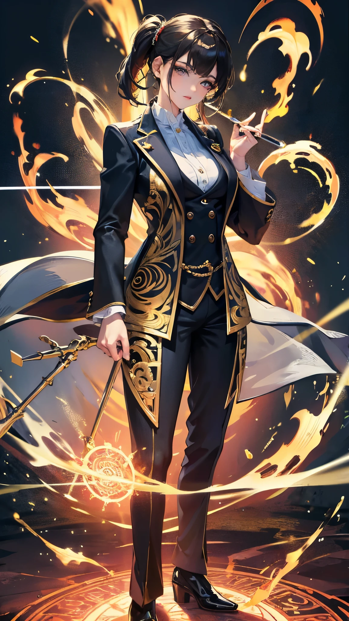 ((Highest quality)),(Ultra-high resolution),(Super detailed),(Detailed Description),((The best CG)),(masterpiece),Highly detailed art,(Art with precise detail:1.5), (A woman wearing a neatly tailored suit:1.6),(Handsome face:1.3),Confident expression:1.3,(Enamel pumps:1.4), (Stand on the magic circle of fire:1.5)