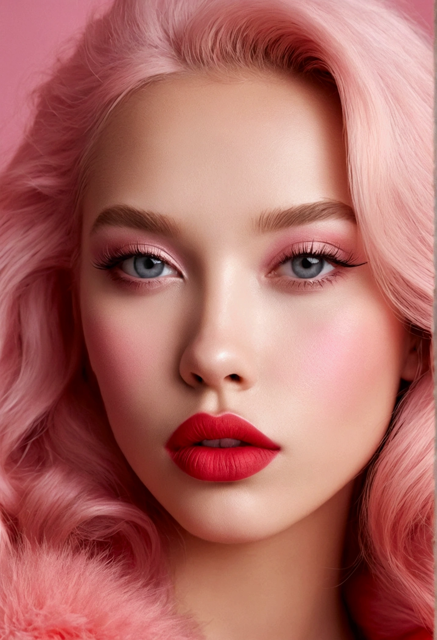 I want a picture of a girl with the most beautiful lips in the world, pink, fluffy, delicious, and large, without makeup, with a red body, a very light pink color.