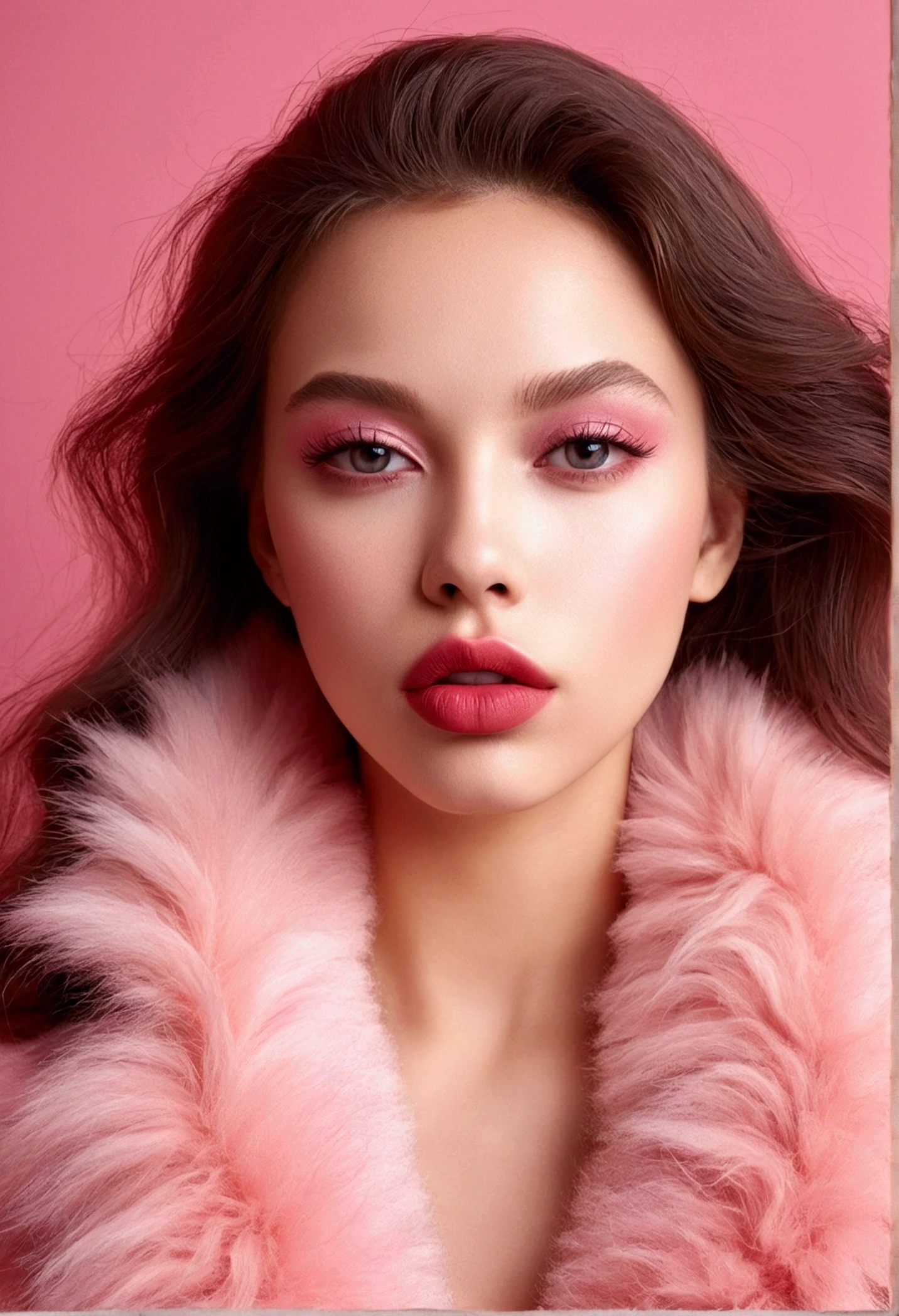 I want a picture of a girl with the most beautiful lips in the world, pink, fluffy, delicious, and large, without makeup, with a red body, a very light pink color.