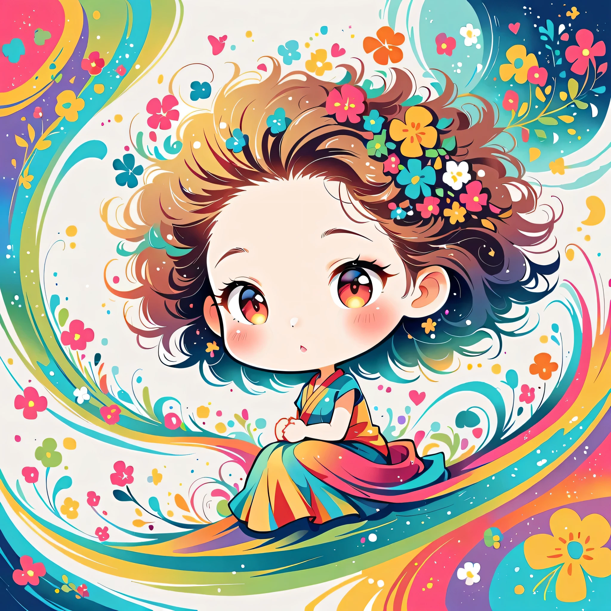 Yomu style, The most beautiful girl of all time,chibi, Lips in Love, colorful flowers, Simple Line Initialism,Abstract art,Urban Background