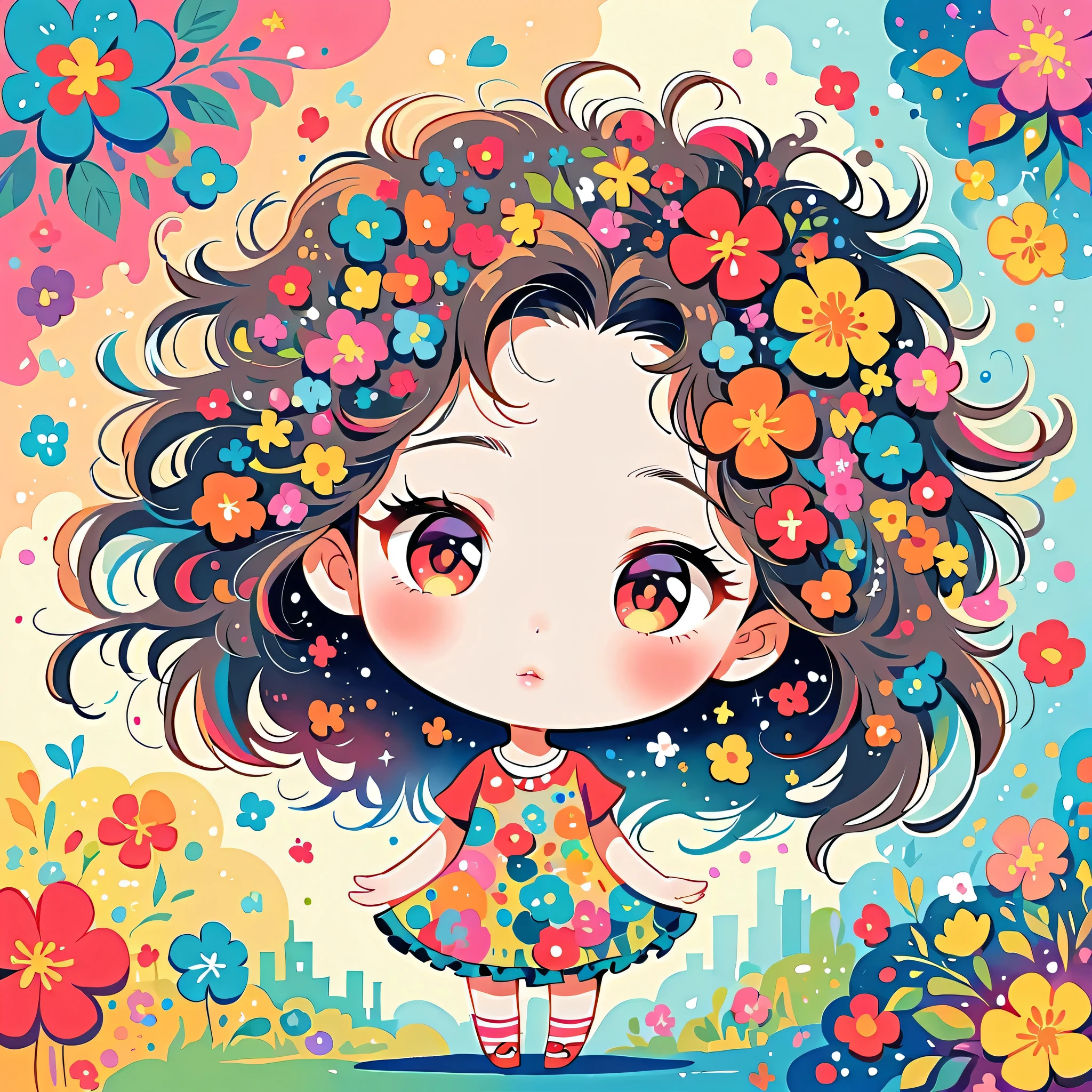Yomu style, The most beautiful girl of all time,chibi, Lips in Love, colorful flowers, Simple Line Initialism,Abstract art,Urban Background