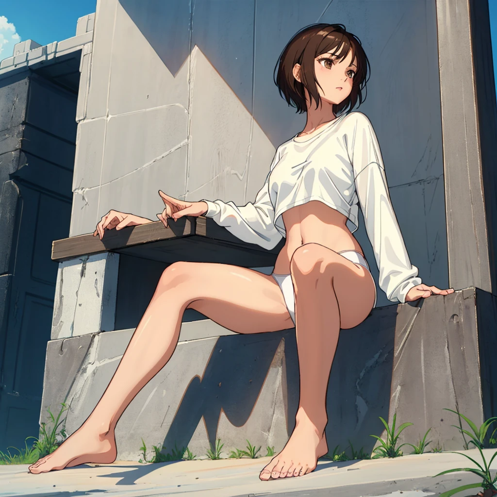 beautiful girl, slender, boyish, very short hair, brown hair, (wear a white long-sleeved T-shirt), (white bikini panties) , Perfect hands, Perfect body, Sitting with one Knee , (bare foot), ((looking away)), relaxing, ((Exquisite detail)), Very finely crafted fingers(((10 fingers))), (Full-body showcase), (Show your whole body), (No logos on background), (No logo), (taken from below),